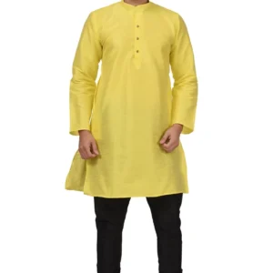 HAMSAFAR Men’s Yellow Dupion Kurta With Black Churidar