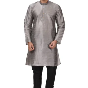 HAMSAFAR Men’s Grey Dupion Kurta With Black Churidar