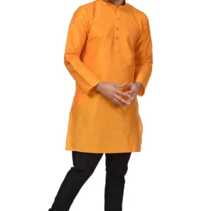 HAMSAFAR Men’s Orange Dupion Kurta With Black Churidar