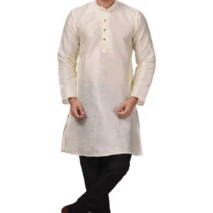 HAMSAFAR Men’s Off White Dupion Kurta With Black Churidar