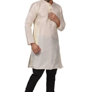 HAMSAFAR Men’s Off White Dupion Kurta With Black Churidar