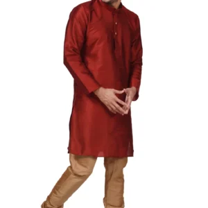 HAMSAFAR Men’s Maroon Dupion Kurta With Golden Churidar