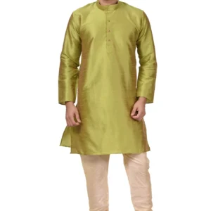 HAMSAFAR Men’s Green Dupion Kurta With Maroon Churidar