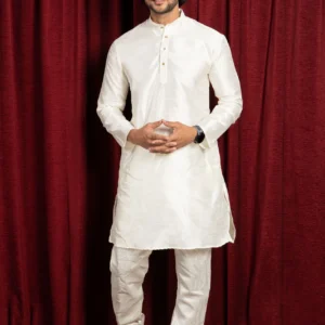 HAMSAFAR Men’s White Dupion Kurta Set